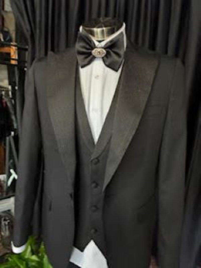 Black tuxedo with silver lapel and matching vest – elegant men’s formal suit for weddings and special events