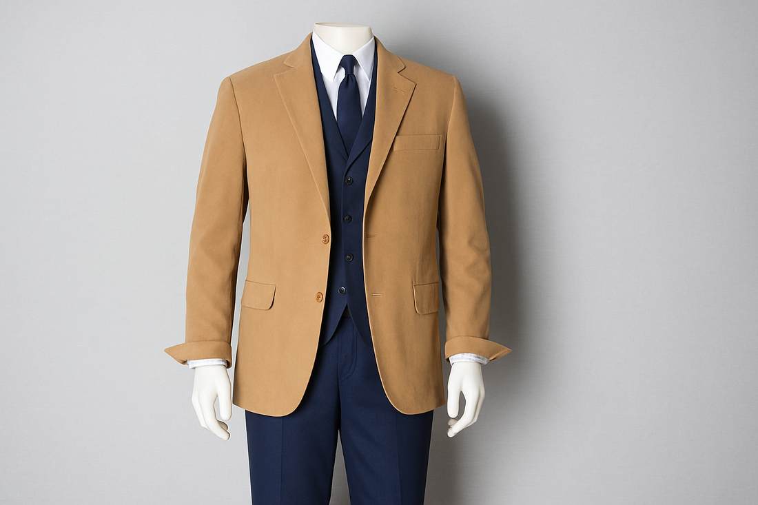 Elegant full-canvas blue sports jacket paired with a matching vest, blue trousers, and a soft cotton shirt – handcrafted for comfort and style.
