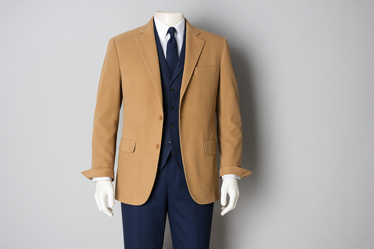 Elegant full-canvas blue sports jacket paired with a matching vest, blue trousers, and a soft cotton shirt – handcrafted for comfort and style.