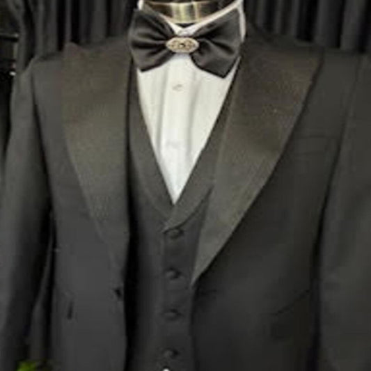 Black tuxedo with silver lapel and matching vest – elegant men’s formal suit for weddings and special events
