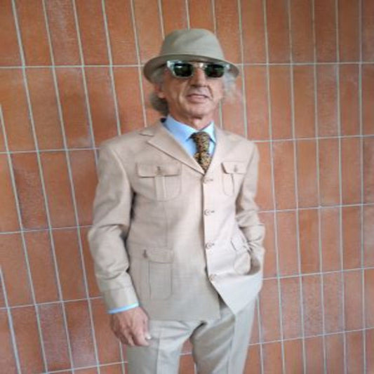 Man wearing beige safari suit jacket model 3190 – front view, West End Tailor, Brisbane